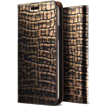 VRS Design iPhone X Genuine Croco Diary Kılıf Dark Gold