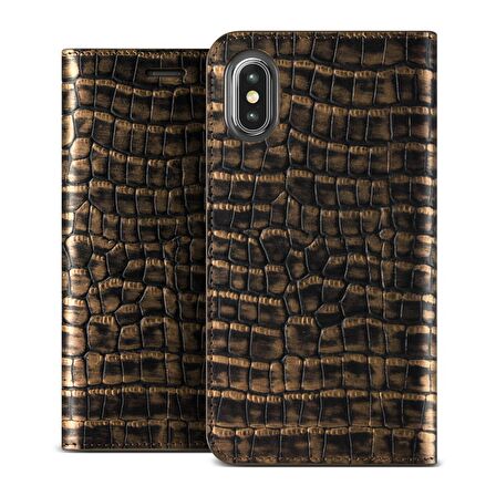 VRS Design iPhone X Genuine Croco Diary Kılıf Dark Gold