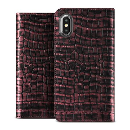 VRS Design İPhone X ile Uyumlu Genuine Croco Diary Kılıf Rose Pink