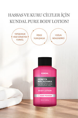 Nemlendirici ve Besleyici Vücut Losyonu KUNDAL Honey & Macadamia Pure Body Lotion 100ml Baby Powder