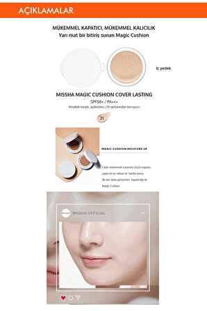 Yüksek Kapatıcı Yarı Mat SPF50+ PA+++ Fondöten İç Yedek 15g Magic Cushion Cover Lasting No.21