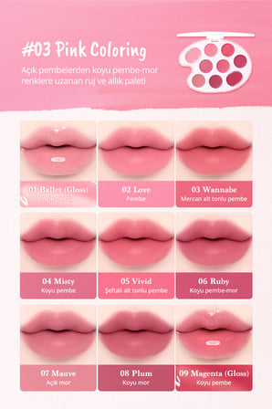 9 Renkli Ruj & Allık Paleti DASIQUE Mood Painting Lip & Cheek Palette (#03 Pink Coloring)