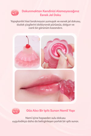 Esnek Jel Dokulu, Nemlendirici, Parlak Bitişli Ruj & Allık DASIQUE Chewing Glow Pot 02 Peach Drop