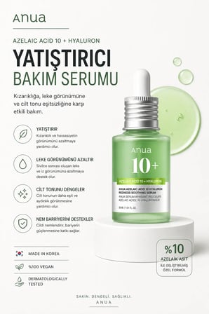 Azelaik Asit 10 Hyaluron Redness Serum 30 ml – Kızarıklık, Leke ve Cilt Tonu Eşitsizliği Serumu %100 Orj. - Azelaic Acid