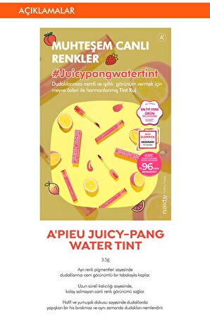 Dudaklara Nemli ve Işıltılı Görünüm Veren Tint Ruj  A'PIEU Juicy-Pang Water Tint (CR01)