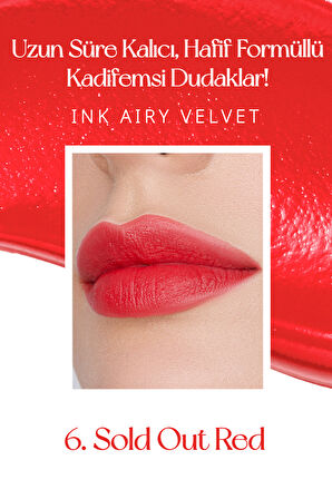 Uzun Süre Kalıcı ve Hafif Formüllü, Kadife Bitişli Tint Peripera Ink Airy Velvet (6 Sold Out Red)