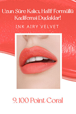 Uzun Süre Kalıcı ve Hafif Formüllü, Kadife Bitişli Tint Peripera Ink Airy Velvet (9 100 Point Coral)