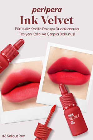 Yüksek Pigmentli, Kadife Görünümlü, Gün Boyu Kalıcı Tint Peripera Ink Velvet (8 Sellout Red)