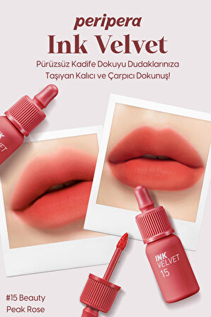 Yüksek Pigmentli, Kadife Görünümlü, Gün Boyu Kalıcı Tint Peripera Ink Velvet (15 Beauty Peak Rose)