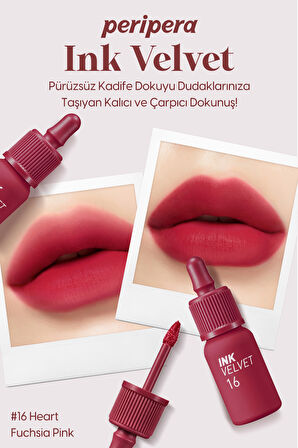 Yüksek Pigmentli, Kadife Görünümlü, Gün Boyu Kalıcı Tint Peripera Ink Velvet (16 Heart Fuchsia Pink)