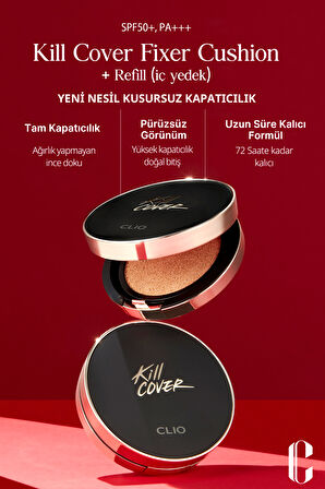 Mat Bitişli Kapatıcılık Sunan Cushion Clio Kill Cover Fixer Cushion+Refill (02 Lingerie)SPF50+ PA+++