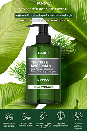 Yağlı Saçlara Özel Şampuan KUNDAL Tea Tree & Macadamia Deep Cleansing Shampoo 500 ml (White Musk)