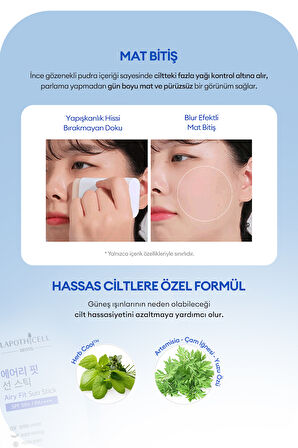 Mat Bitiş Sunan Stick Güneş Koruyucu LAPOTHICELL Airy Fit Sun Stick SPF50+ PA++++
