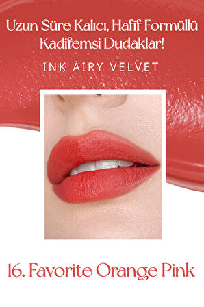 Uzun Süre Kalıcı Hafif Formüllü Kadife Bitişli Tint Peripera Ink Airy Velvet(16Favorite Orange Pink)