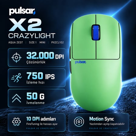 Pulsar X2 CrazyLight 8K Hz XS-1 Sensör Aqua Zest Kablosuz Size 1 Mini Simetrik Gaming Mouse (PX2CL102)
