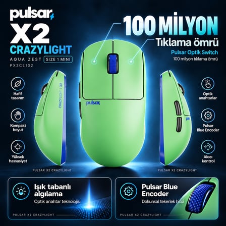 Pulsar X2 CrazyLight 8K Hz XS-1 Sensör Aqua Zest Kablosuz Size 1 Mini Simetrik Gaming Mouse (PX2CL102)