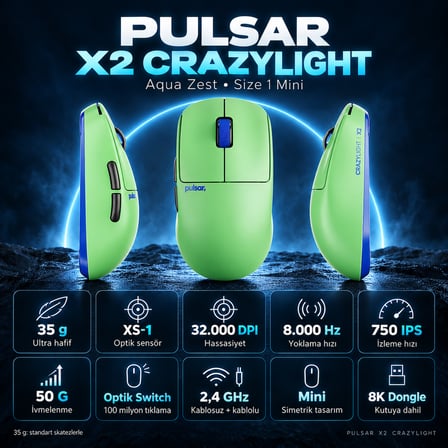 Pulsar X2 CrazyLight 8K Hz XS-1 Sensör Aqua Zest Kablosuz Size 1 Mini Simetrik Gaming Mouse (PX2CL102)