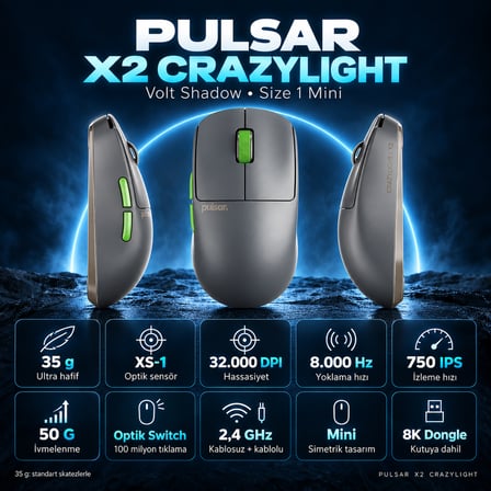 Pulsar X2 CrazyLight 8K Hz XS-1 Sensör Volt Shadow Kablosuz Size 1 Mini Simetrik Gaming Mouse (PX2CL104)