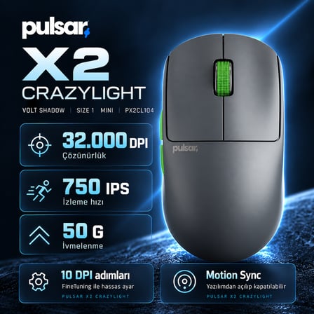 Pulsar X2 CrazyLight 8K Hz XS-1 Sensör Volt Shadow Kablosuz Size 1 Mini Simetrik Gaming Mouse (PX2CL104)