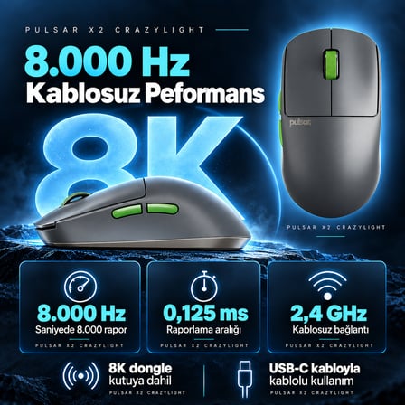 Pulsar X2 CrazyLight 8K Hz XS-1 Sensör Volt Shadow Kablosuz Size 1 Mini Simetrik Gaming Mouse (PX2CL104)