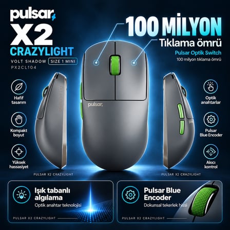 Pulsar X2 CrazyLight 8K Hz XS-1 Sensör Volt Shadow Kablosuz Size 1 Mini Simetrik Gaming Mouse (PX2CL104)