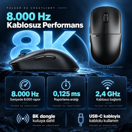 Pulsar X2 CrazyLight 8K Hz XS-1 Sensör Jet Black Kablosuz Size 1 Mini Simetrik Gaming Mouse (PX2CL107)