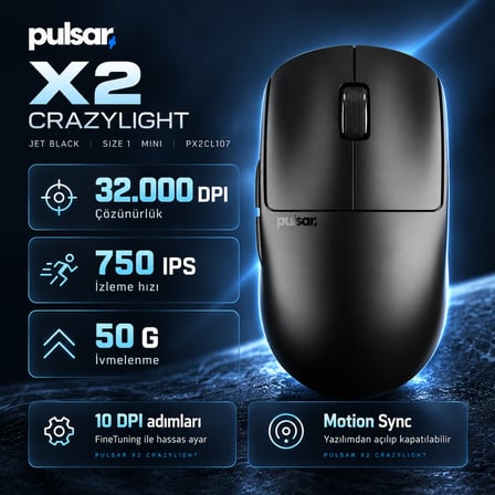 Pulsar X2 CrazyLight 8K Hz XS-1 Sensör Jet Black Kablosuz Size 1 Mini Simetrik Gaming Mouse (PX2CL107)