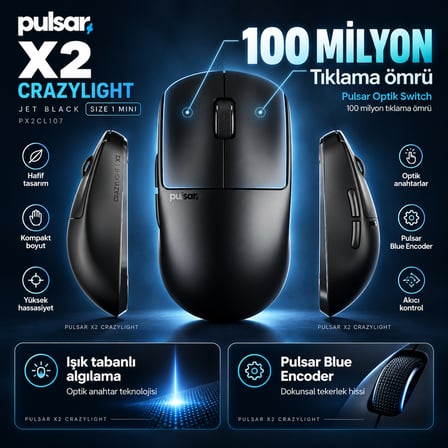 Pulsar X2 CrazyLight 8K Hz XS-1 Sensör Jet Black Kablosuz Size 1 Mini Simetrik Gaming Mouse (PX2CL107)