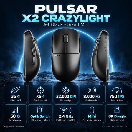 Pulsar X2 CrazyLight 8K Hz XS-1 Sensör Jet Black Kablosuz Size 1 Mini Simetrik Gaming Mouse (PX2CL107)