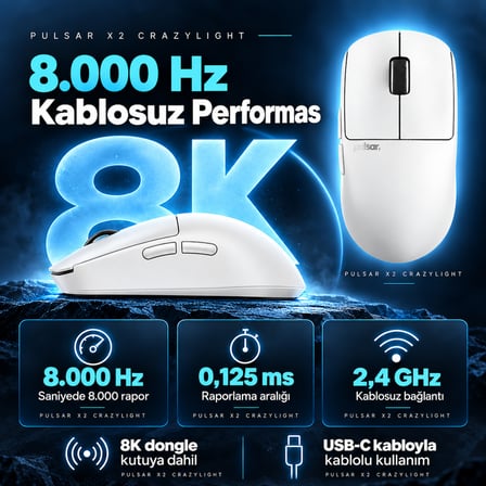 Pulsar X2 CrazyLight 8K Hz XS-1 Sensör Uyuni White Kablosuz Size 1 Mini Simetrik Gaming Mouse (PX2CL108)