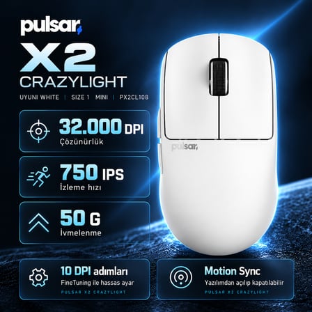 Pulsar X2 CrazyLight 8K Hz XS-1 Sensör Uyuni White Kablosuz Size 1 Mini Simetrik Gaming Mouse (PX2CL108)