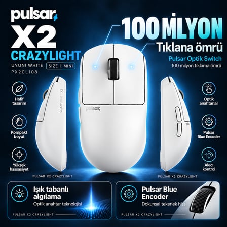 Pulsar X2 CrazyLight 8K Hz XS-1 Sensör Uyuni White Kablosuz Size 1 Mini Simetrik Gaming Mouse (PX2CL108)