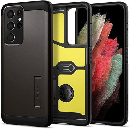 Spigen Galaxy S21 Ultra ile Uyumlu Kılıf Tough Armor Gunmetal