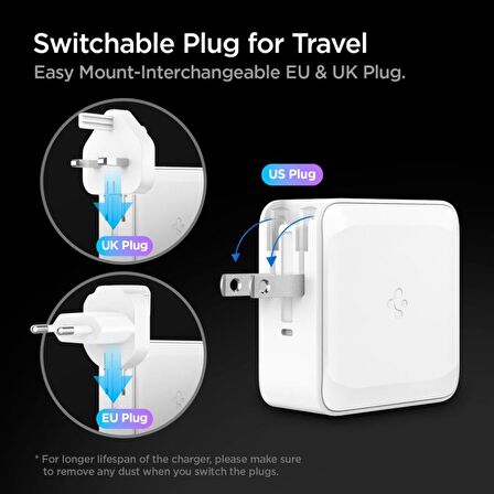 Spigen 45W USB-C Güç Adaptörü 2 Port (Akım Korumalı) 20W/45W Type-C iPhone & Android & iPad & MacBook Hızlı Şarj Cihazı + Çoklu Değiştirebilir Başlık Travel ArcStation PE2010 White - ACH02613