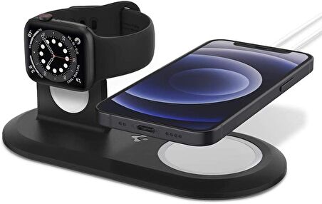 Spigen MagFit Duo 2in1 MagSafe & Apple Watch ile Uyumlu Stand Dock Ünitesi Black - AMP02796