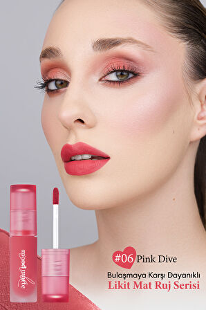 Mat Bitişli, Dolgun ve Pürüzsüz Görünüm Sunan Tint Peripera Ink Mood Matte Tint (06 Pink Dive)