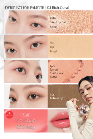 4'lü Far Paleti + Mini Boy Icy Glow (Set) MUZIGAE MANSION Twist Pot Eye Palette (02 Rich Coral)