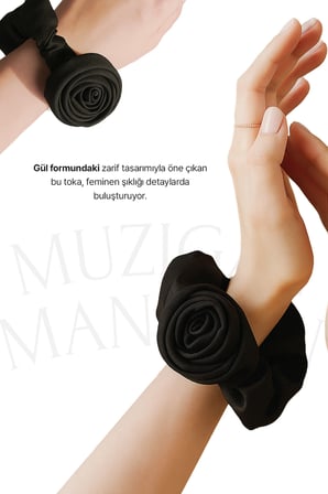 Gül Detaylı Siyah Saten Saç Tokası MUZIGAE MANSION Hair Band