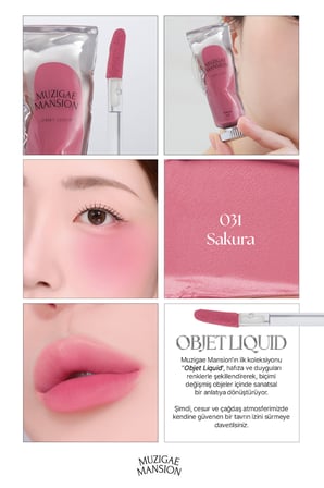 Gül Özlü, Kadife Bitiş Sunan, Nemlendirici ve Kalıcı Tint MUZIGAE MANSION Objet Liquid 031 Sakura