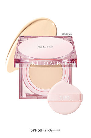 Yoğun Nem ve Işıltı Veren Cushion Clio Kill Cover Mesh Glow Cushion+Refill (3 Linen) Spf50+PA++++