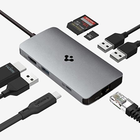 Spigen ArcDock 100W PD 3.0 / 8 in 1 USB-C Multi Hub / Çoklayıcı / Dönüştürücü Şarj Cihazı 8 Port / 4k 60hz / Ethernet 1Gbps / Macbook Space Gray PD2303