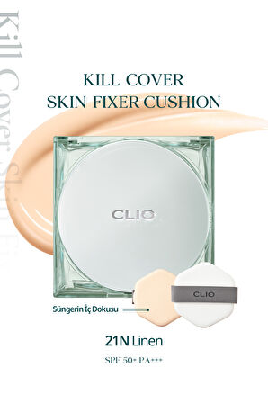 Gün Boyu Kalıcı Mat Cushion Fondöten CLIO Kill Cover Skin Fixer Cushion (21N Linen) SPF50+ PA+++