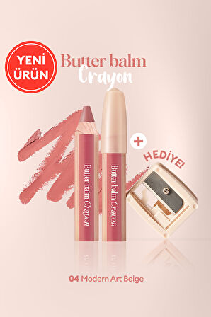 Kremsi, Kalem Şeklinde Renkli Dudak Balmı & Kalemtıraş CLIO Butter Balm Crayon 004 Modern Art Beige