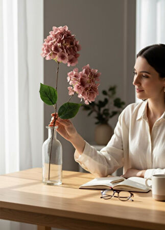 Yapay Çiçek Ortanca 90cm 2Toplu Gülkurusu Koyu Tek Dal Kumaş Çiçek Uzun Dal