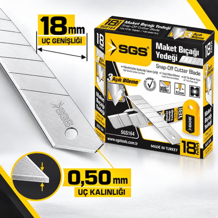 SGS SGS164 18 mm Maket Bıçağı Yedeği 0,50 mm – 10 Paket 100 Adet Metal Uç Kutu