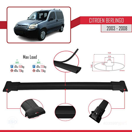 Citroen Berlingo (M59) 2003-2008 Arası ile Uyumlu FLY Model Ara Atkı Tavan Barı Siyah 2 Adet