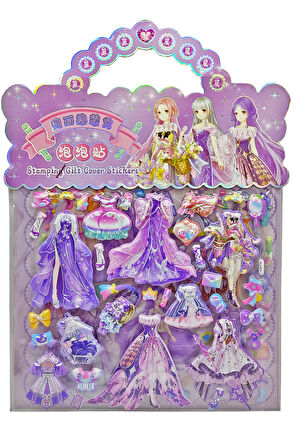Sticker Kabartmalı Çantalı iki Sayfalı Sticker Seti (HQK013) - 21x17 cm- Mor Kız Giydirme