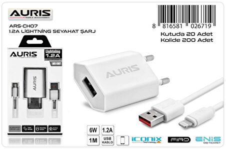 Auris ARS-CH07 Lightning Set 1.2A Şarj Cihazı