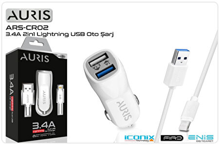 Şarj Aleti Araç 2 Port 3.4A Ve İphone Lightning Kablo Auris ARS-CR02
