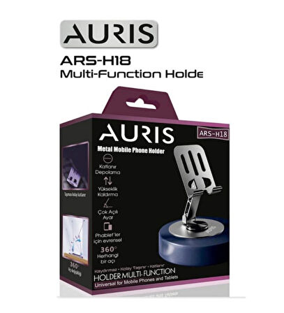 AURIS ARS-H18 – Metal 360 Derece Dönebilen Kaydırmaz Katlanabilir Masa Üstü Telefon Tutucu